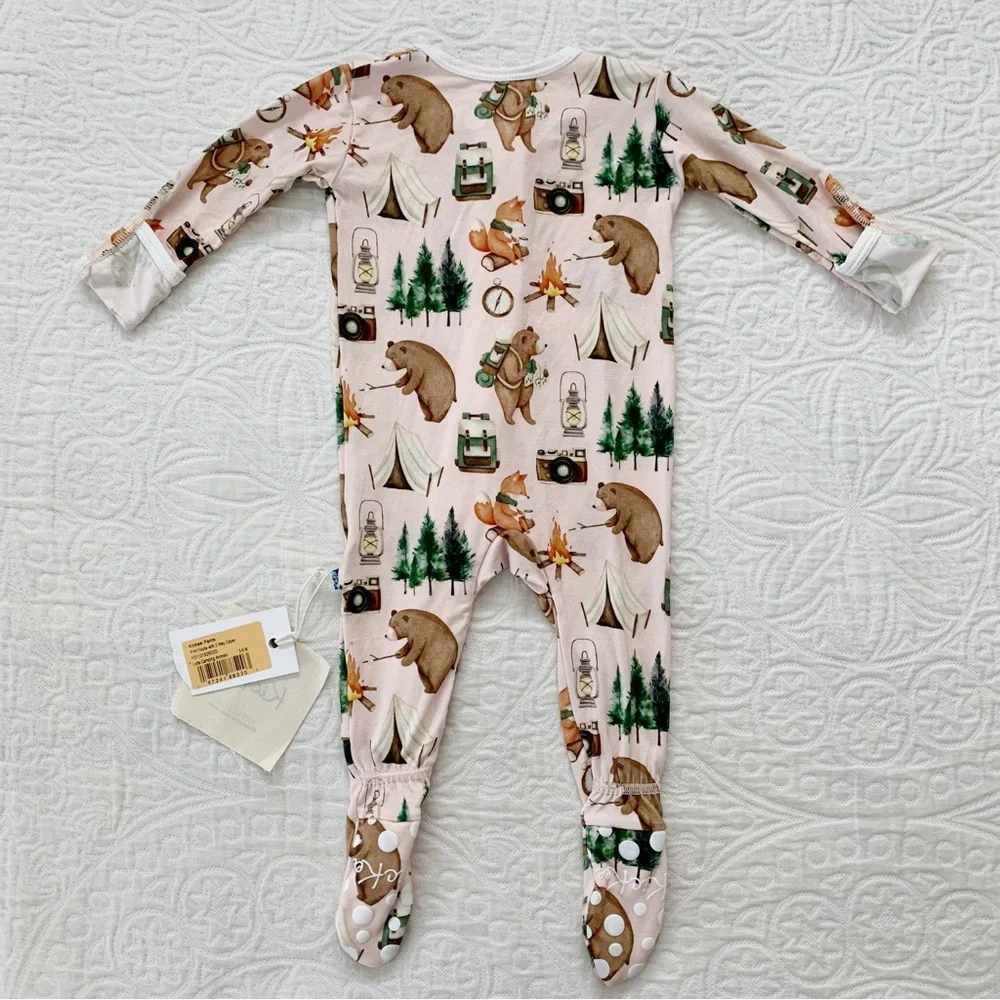 KICKEE Zipper Footie Pajamas, Latte Camping Animals‎ (3-6 Months)